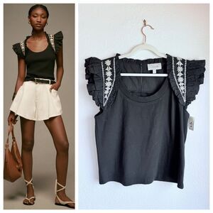 NWT Cleobella Raven Flutter-Sleeve Embroidered Top in Black & White Size XL